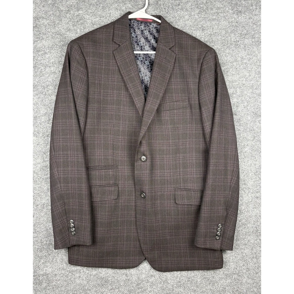Johnston & Murphy Blazer Mens L Brown Burgundy Plaid 100% Wool Sport Coat